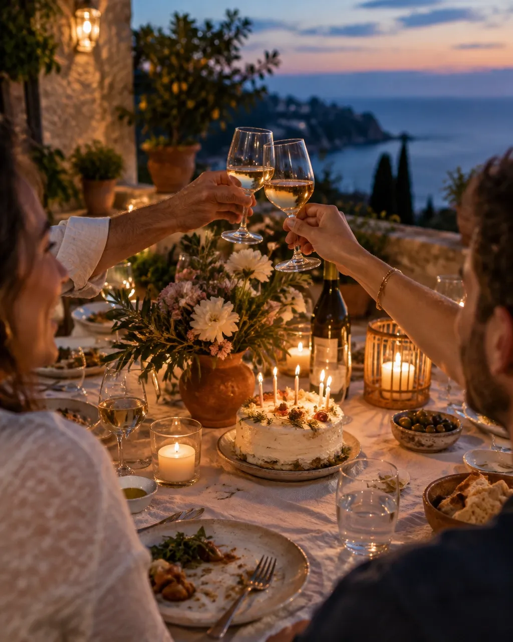 Friends raising wine glasses around a candlelit anniversary table