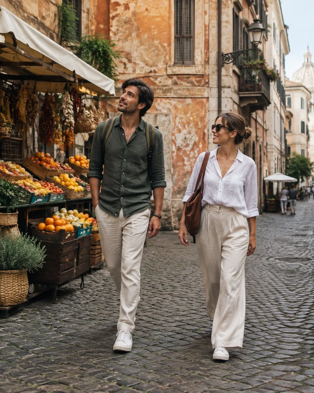 Travelers walking past a market in an old-world city neighborhood