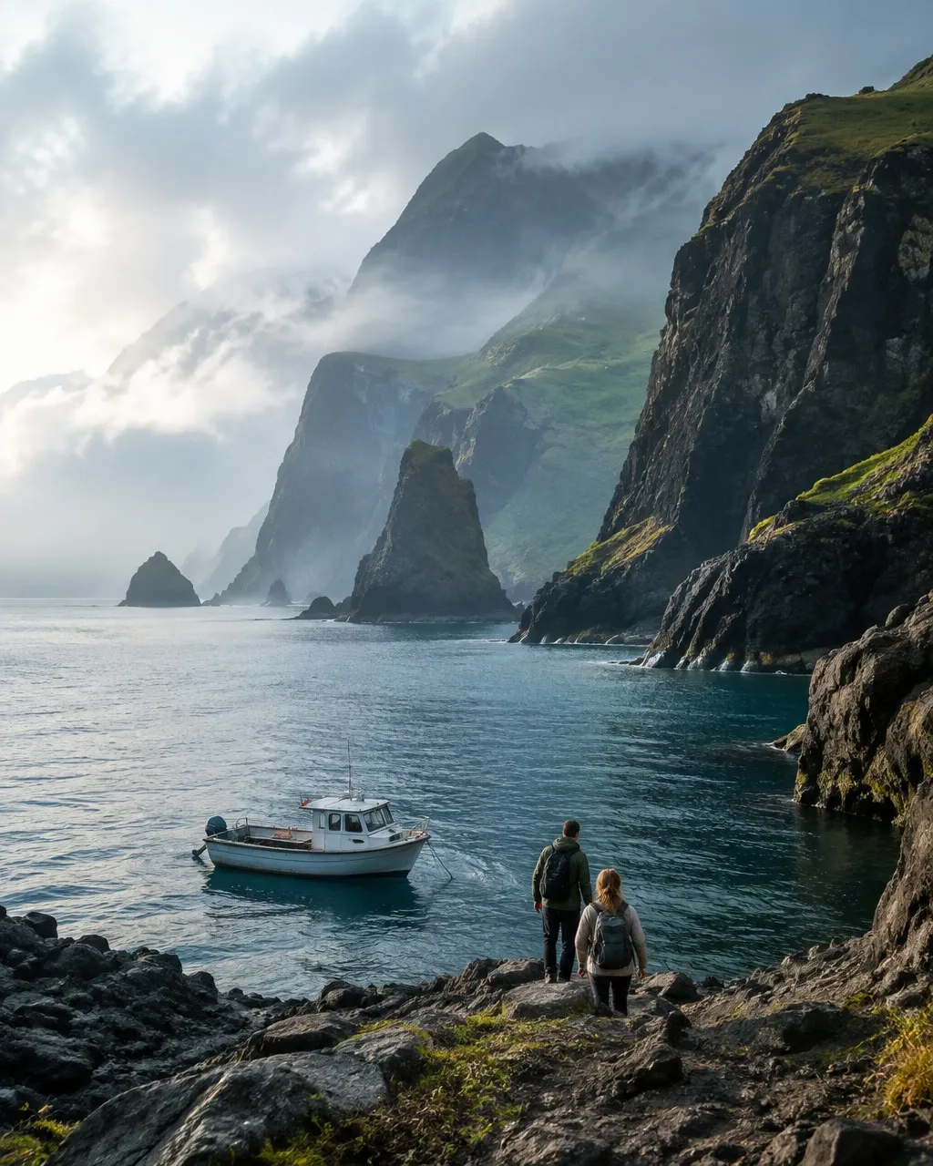 A small boat leaving a misty Atlantic island cove as travelers watch from the rocks