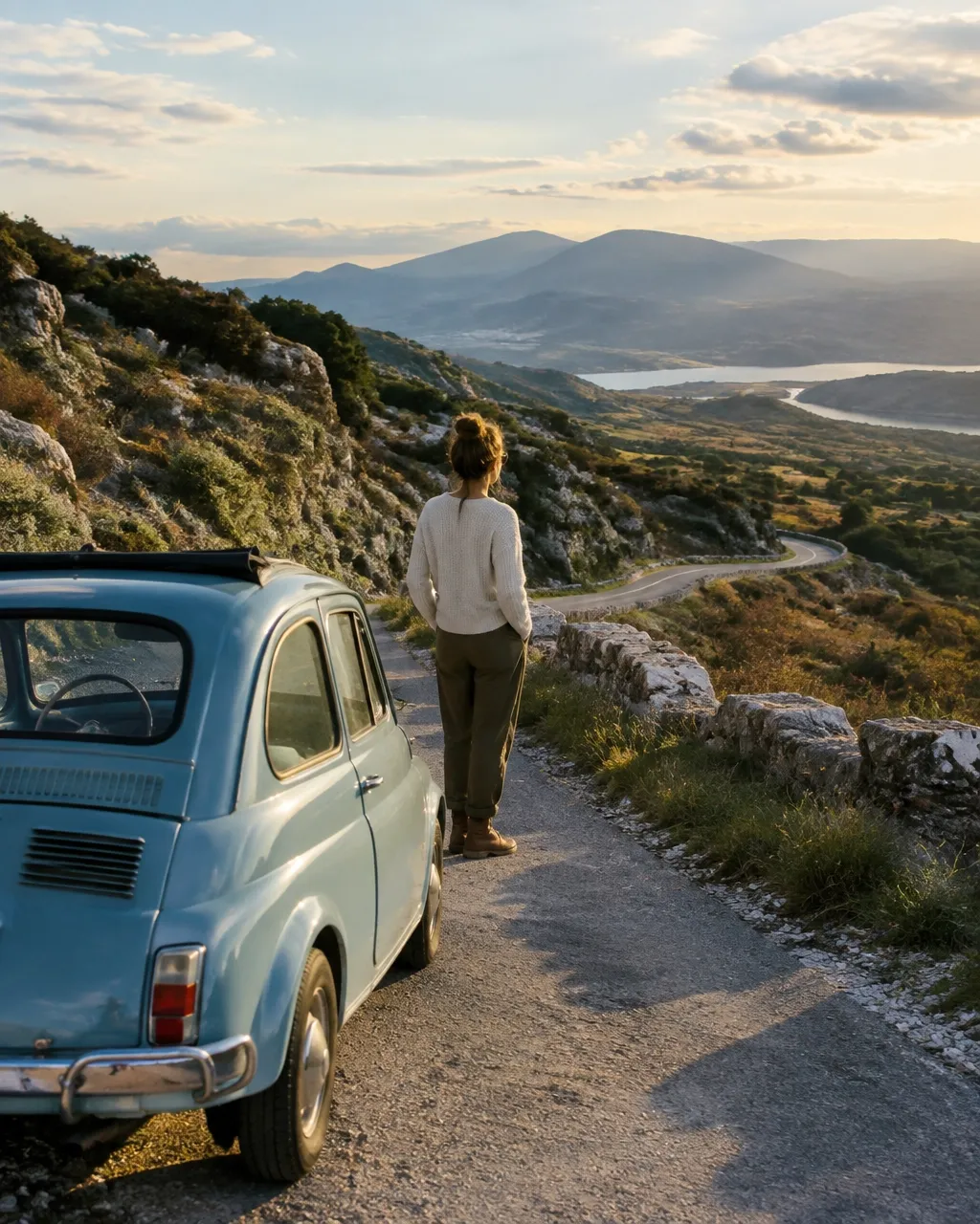 A traveler looking across open hills beside a winding road