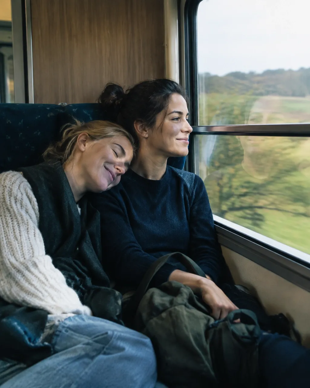 Two people sitting close together with their phones away