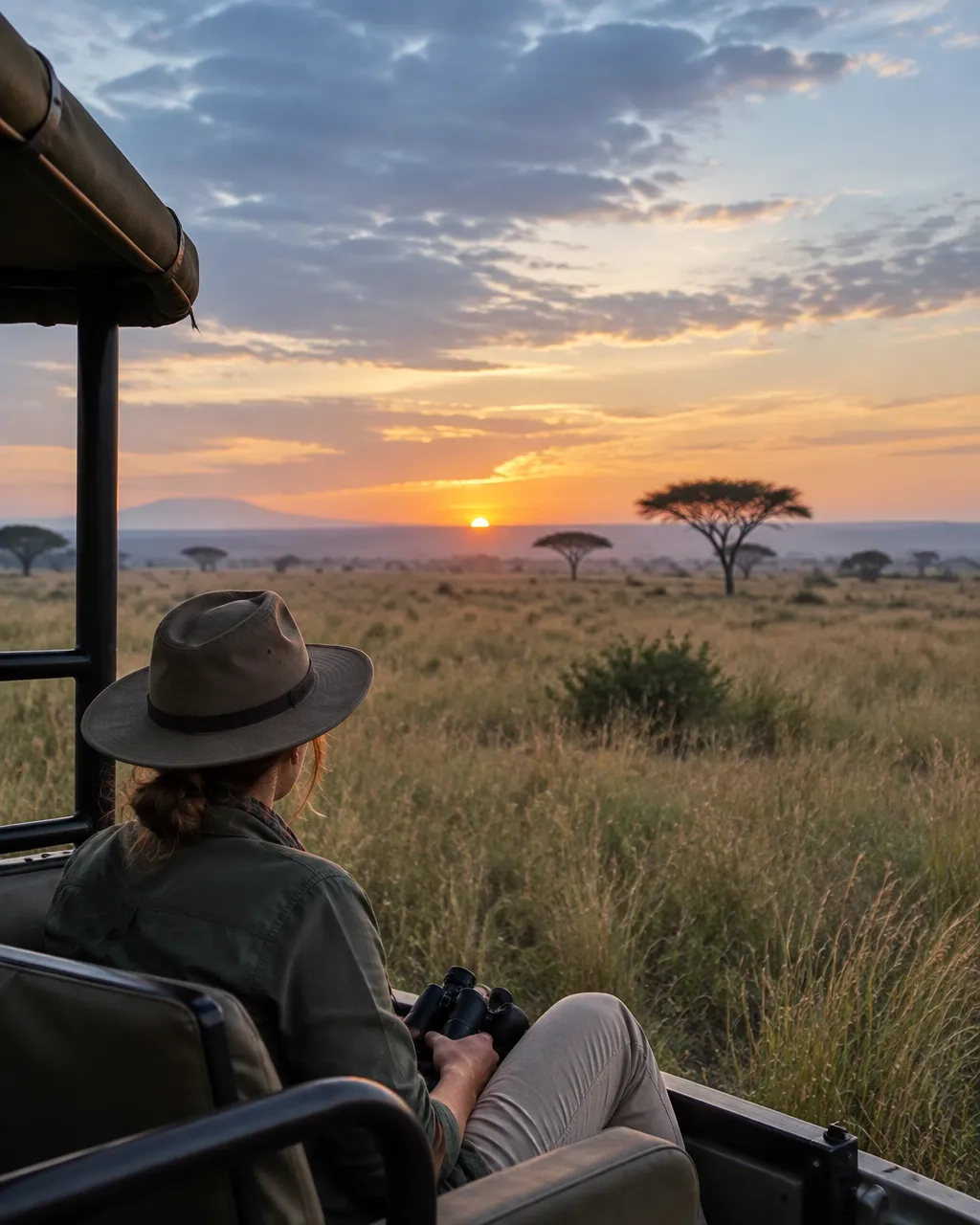 A safari traveler watching the savannah at dawn