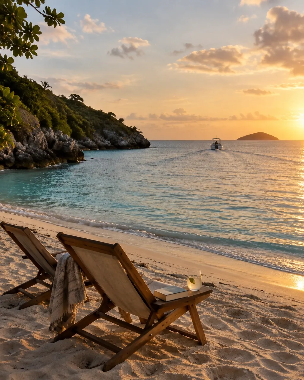 Two chairs facing a quiet Caribbean beach