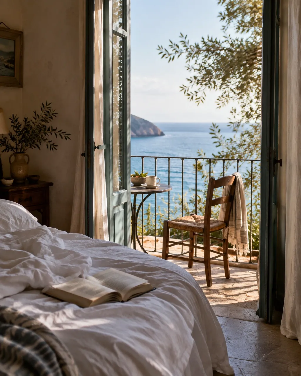A calm hotel room opening onto a sea-facing balcony