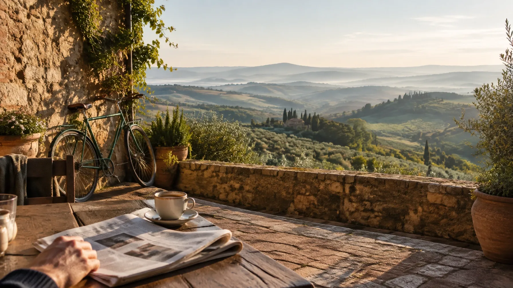 A quiet table with coffee overlooking rolling hills in warm evening light