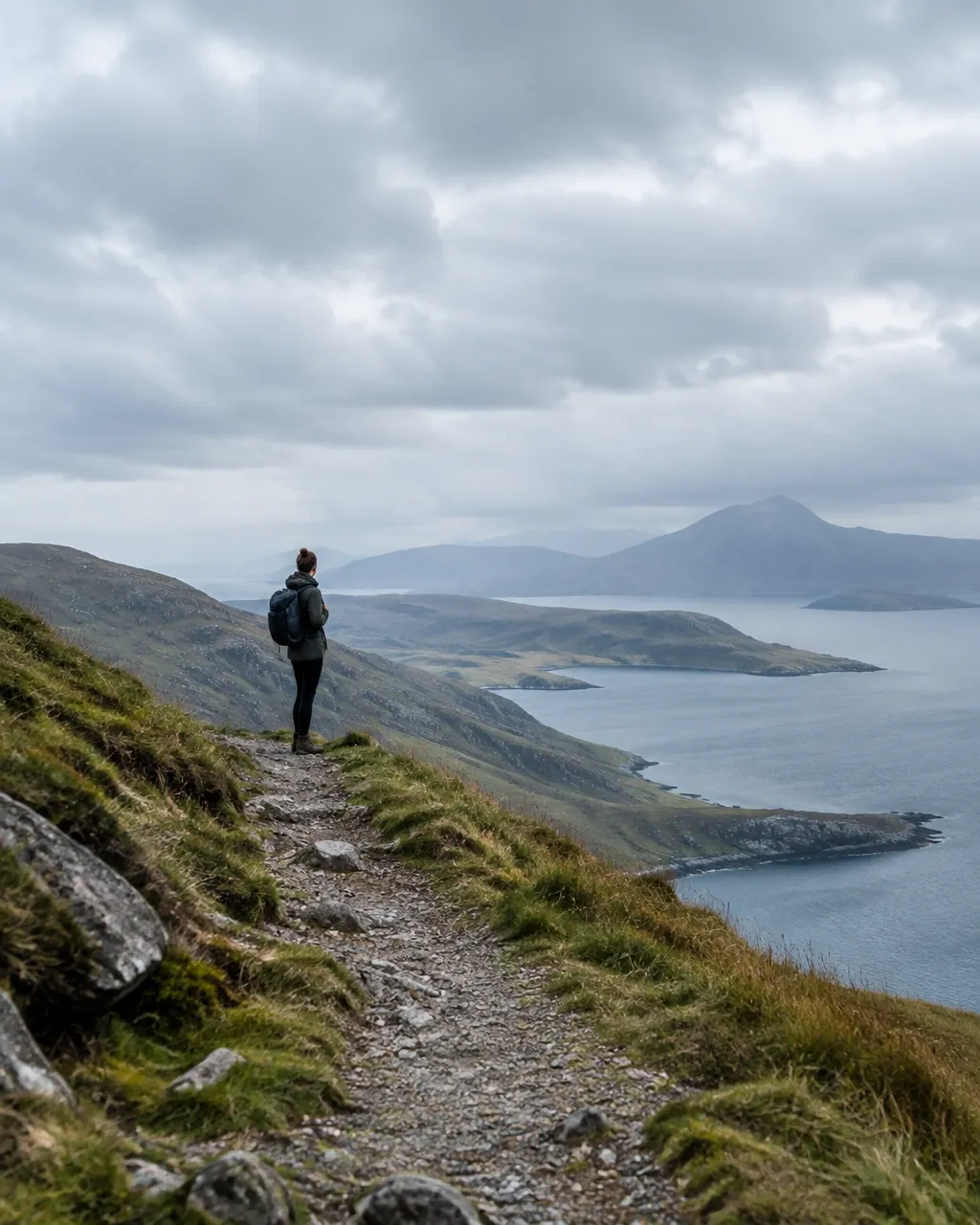 A lone traveler pausing beside a windswept mountain landscape