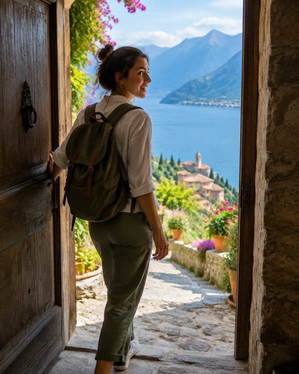 A traveler opening a door onto an unexpected colorful view