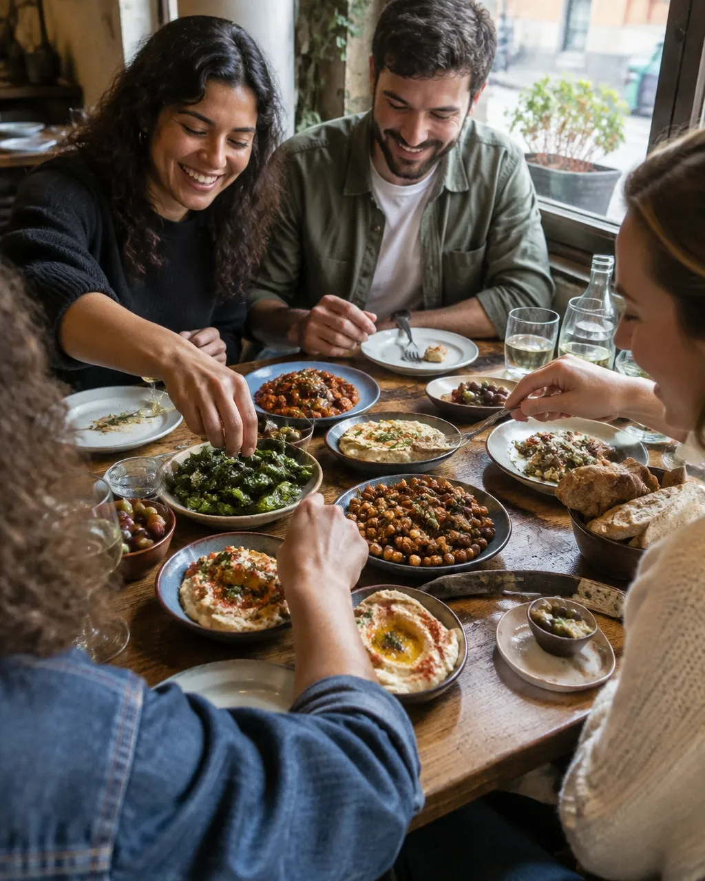 Friends sharing plates around a table at a neighborhood restaurant