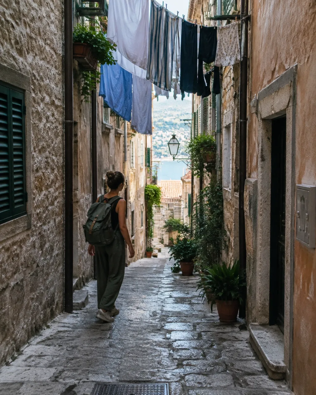 A traveler walking down an unfamiliar old-world street