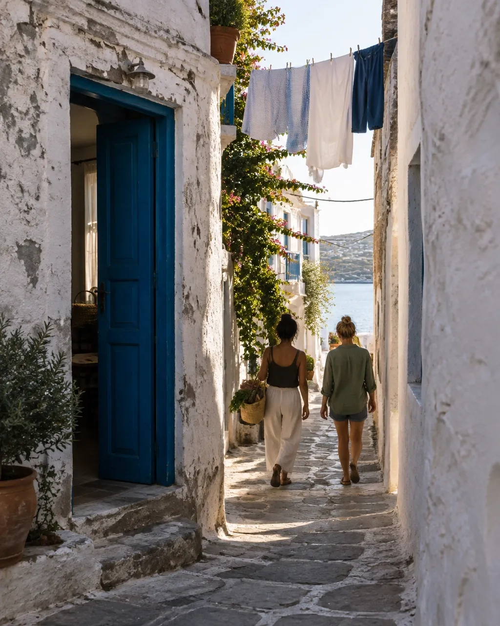 Two travelers turning into a sunlit old-world market lane