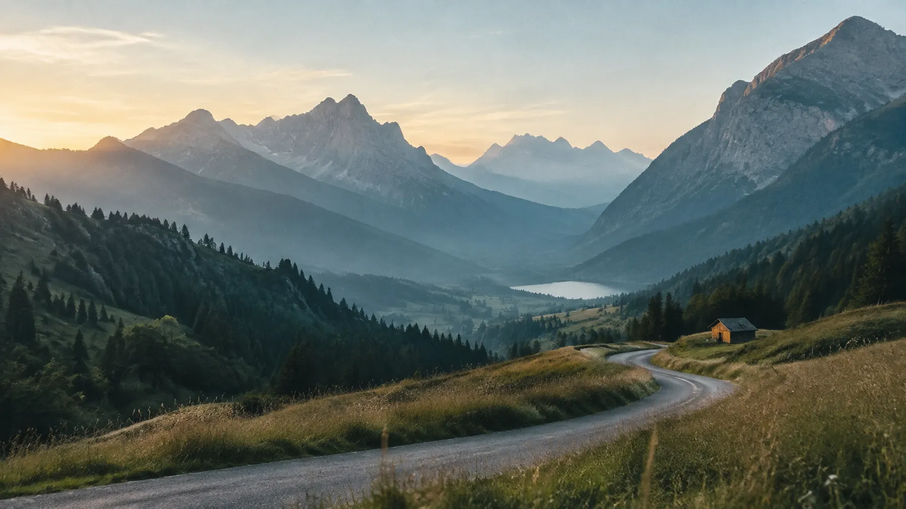A lone traveler’s car on a quiet mountain road at first light